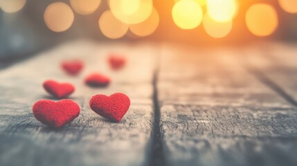 Fototapeta premium Red heart-shaped decorations are placed on a wooden surface, creating a romantic atmosphere perfect for Valentine's Day