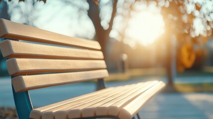 The warm wooden bench basks in sunlight, inviting a moment of relaxation in a peaceful outdoor park during a bright morning
