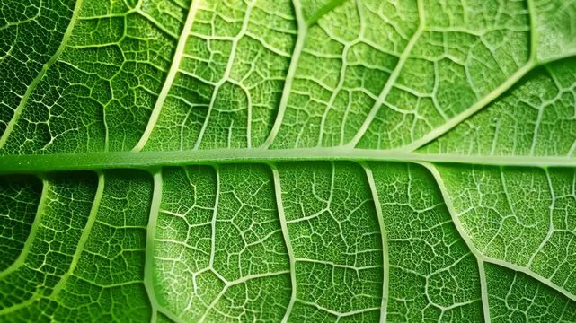 Closeup texture of a fresh green leaf illuminated by sunlight. Natural pattern plant leaf structure extreme macro shot. Biology botanical animated background. Chlorophyll, photosynthesis in nature.