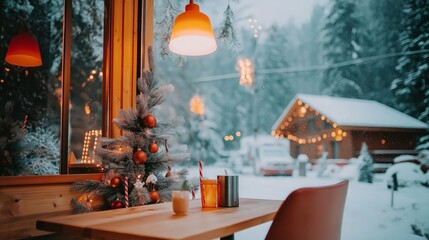 Cozy winter scene with a festive table setting near a snowy cabin.