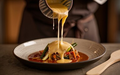 Cheese Chef pouring a creamy sauce over a dish of vegetables and meat.