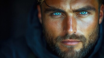 Obraz premium charismatic young man with a stylish beard and hipster flair, confidently posing for a portrait, capturing a blend of strength and modern aesthetics in a striking expression