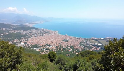 Obraz premium Vibrant coastal cityscape under a clear sky