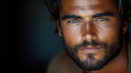 Obraz premium charismatic young man with a stylish beard and hipster flair, confidently posing for a portrait, capturing a blend of strength and modern aesthetics in a striking expression