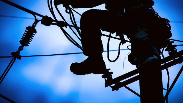Close-up of an electric utility worker's lower body in sturdy boots and climbing gear, repairing power lines during a dimly lit evening sky. hazardous, dedication,energy, maintenance, service,hero