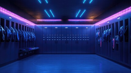 Dark Blue Neon-Lit Basketball Locker Room Ideal for High-Energy Sports Promotions