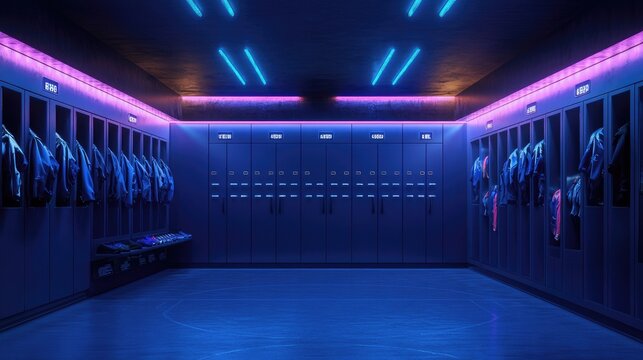 Dark Blue Neon-Lit Basketball Locker Room Ideal for High-Energy Sports Promotions