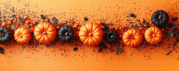Orange pumpkin and black confetti on orange background, flat lay, top view, border, frame, with copy space. Festive Halloween composition, celebration and decor. Mockup, template for banner design