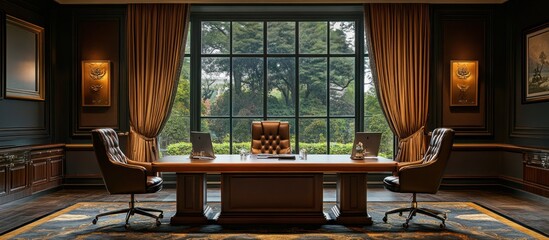 Fototapeta premium A large wooden desk with three leather chairs sits in a dark wood-paneled office, a large window looks out onto a green garden.