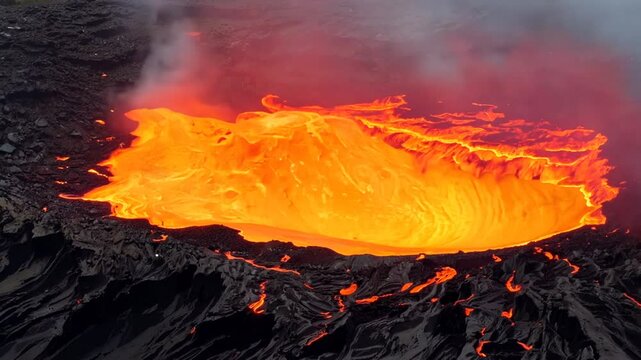 Close up view of active volcanic crater eruption. Hot lava and magma splashing out of crater. 4K Video