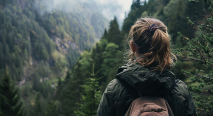 Naklejka premium woman hiking in mountain forest