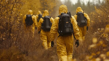 Fototapeta premium Scientists in yellow suits walking through autumn forest.