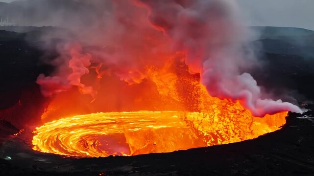Close up view of active volcanic crater eruption. Hot lava and magma splashing out of crater. 4K Video