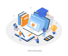 Online education concept. Business training, distance learning, back to school banner template. Internet course, podcast, webinar, video tutorial infographic. Flat isometric vector illustration.
