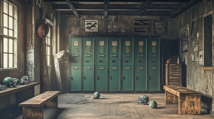 Retro Football Locker Room with Vintage Green Metal Lockers for Nostalgic-Themed Promotions