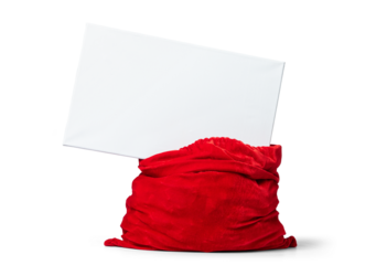 Red sack of Santa Claus with big white blank banner, isolated on a transparent background png.