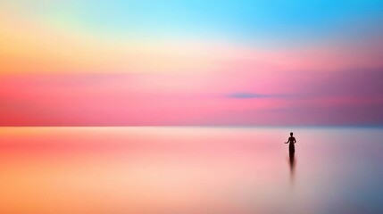 Fototapeta premium A lone figure stands in tranquil waters under a vibrant, colorful sky at sunset, AI