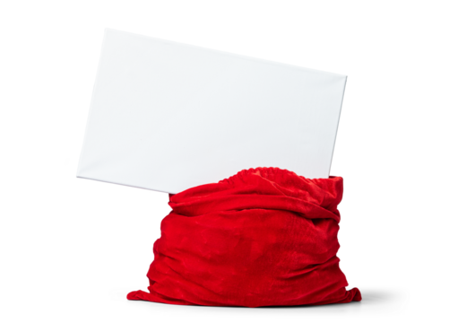 Red sack of Santa Claus with big white blank banner, isolated on a transparent background png.