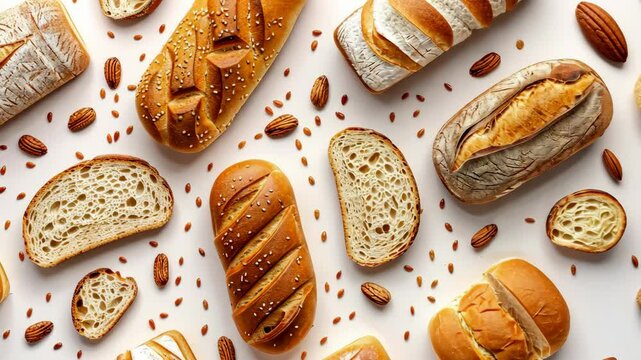 Various types of bread are displayed on a white surface, surrounded by almonds and seeds