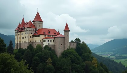 Fototapeta premium Enchanting castle perched atop a verdant hill overlooking a serene valley
