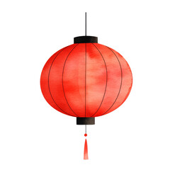 Obraz premium Red lantern with black lines, traditional Asian decor, on a transparent background.