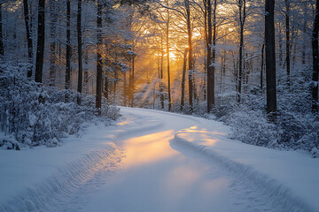 A tranquil snow-covered trail winding through a quiet winter forest, with frosted trees and soft sunlight creating a serene atmosphere.

