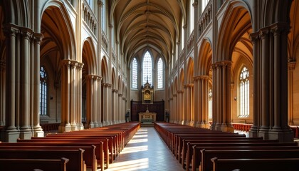 Obraz premium Elegant church interior with arches and stained glass windows