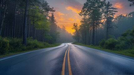 Winding Forest Highway at Sunrise Scenic Landscape