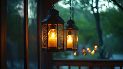 Suspended vintage-style lanterns glowing softly on a screened porch, ideal for summer evenings.