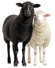 Fototapeta premium Black and white sheep standing side by side, isolated on transparent background, contrasting farm animals for agriculture, livestock, and wool production concepts