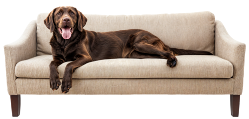 Happy chocolate Labrador retriever lounging on a beige sofa, isolated on transparent background, cozy pet resting for home decor and pet-friendly furniture concepts