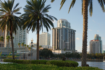 View from Bayshore Dr. near Albert Whitted into south yacht basin in St. Petersburg, FL. Towards downtown skyline with green palm trees. Calm blue water with white puffy clouds. Marina and docked boat