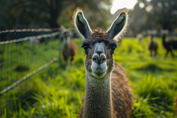 Obraz premium Generated AI portrait of brown or beige alpaca on a green field grass