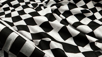 close up view of checkered flag pattern featuring alternating black and white squares, creating dynamic and textured appearance. fabrics folds add depth and movement to design