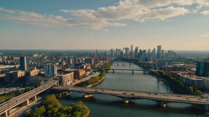 Aerial view of vibrant city skyline with modern buildings and bridges over river, showcasing urban life and scenic beauty. scene captures essence of city living