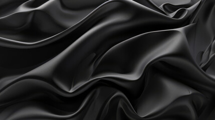 Obraz premium A detailed close-up of smooth black fabric with soft folds and rich texture. The glossy material flows gracefully, creating a luxurious, fluid design