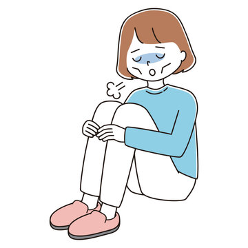 recommend clip art: 三角座りでため息を吐く頬がこけてげっそりした女性のイラスト	
                    