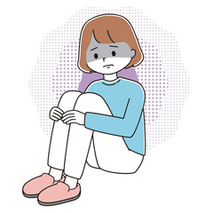 三角座りで暗い表情の女性のイラスト	
