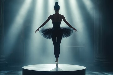 Graceful ballerina performing on stage with dramatic lighting