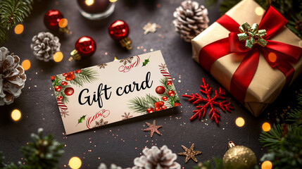 Gift card for a Christmas holidays. Nicely decorated voucher with xmas decorations, perfect present for winter holidays. 