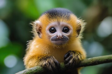 Obraz premium Golden snub-nosed monkey cub holding a branch