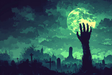 Creepy dirty zombie hand rising from grave in nighttime cemetery with full moon. Cartoon monster emerging from tomb. Horror banner, poster, party invitation, greeting card for Halloween, copy space