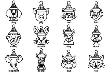 Set of illustrations in the concept of various animals wearing Christmas hats in a line drawing style