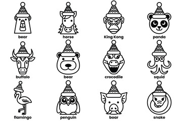 Set of illustrations in the concept of various animals wearing Christmas hats in a line drawing style