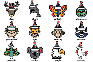 Fototapeta premium Set of illustrations in the concept of various animals wearing Christmas hats in a line drawing style
