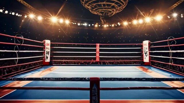 Empty Boxing Ring with Lights and a Ringside View