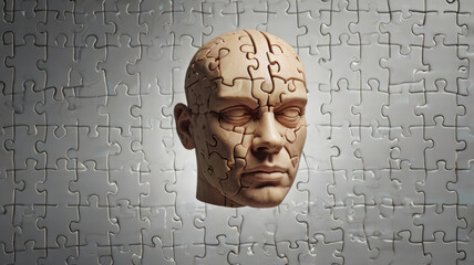 human head puzzle representing cognitive dissonance, with pieces missing, evokes sense of intrigue and contemplation about identity and perception