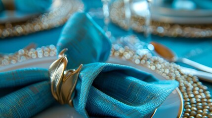 A closeup of a table setting featuring a vibrant blue placemat and a napkin folded into the shape of a swan.