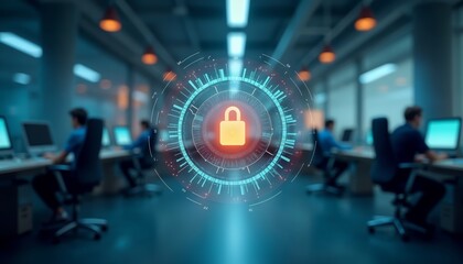 Futuristic digital security interface with glowing lock and circular data visualization in blurred office space