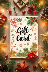 Gift card for a Christmas holidays. Nicely decorated voucher with xmas decorations, perfect present for winter holidays. 